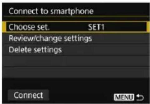 Connect to smartphone Choose set. SET1 Review/change settings Delete settings Connect MENU ↕