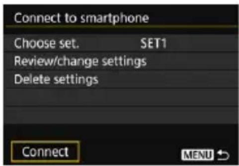 Connect to smartphone Choose set. SET1 Review/change settings Delete settings Connect MENU ↕