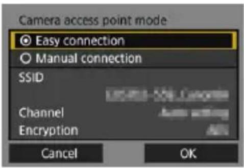 Camera access point mode Easy connection Manual connection SSID Channel Encryption Cancel OK