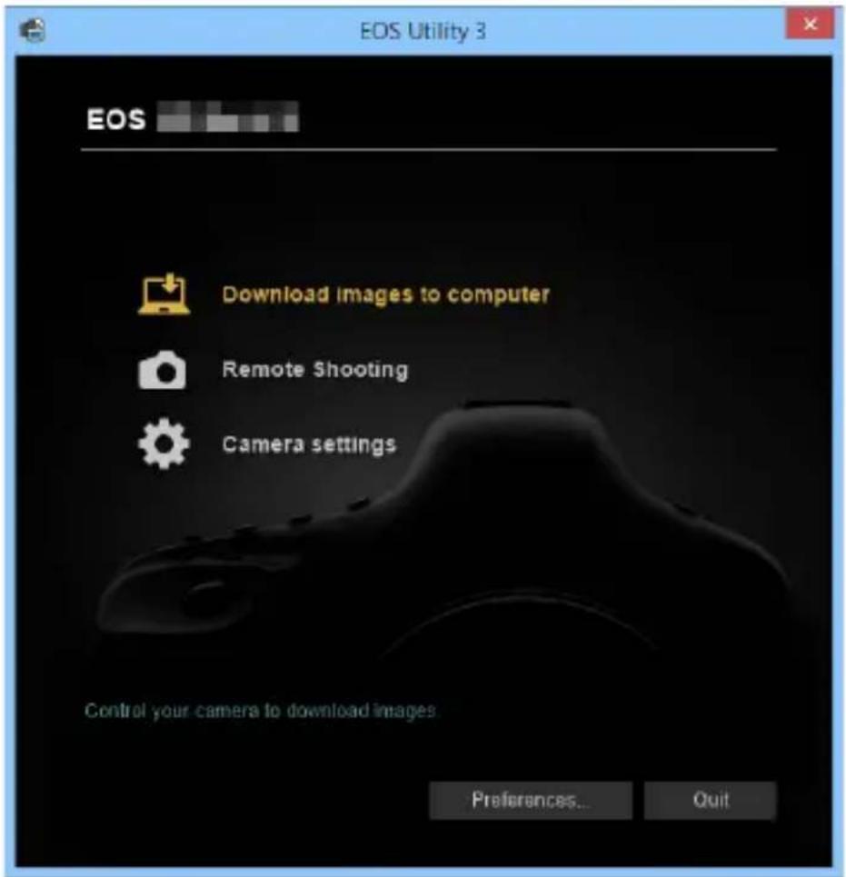 EOS Utility 3 EOS Download images to computer Remote Shooting Camera settings Control your camera to download images. Preferences... Quit