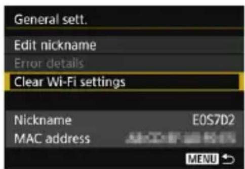 General sett. Edit nickname Error details Clear Wi-Fi settings Nickname EOS7D2 MAC address MENU