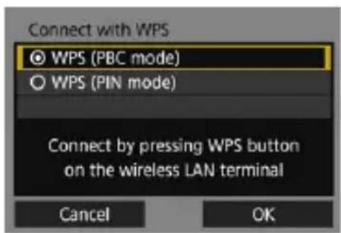 Connect with WPS WPS (PBC mode) WPS (PIN mode) Connect by pressing WPS button on the wireless LAN terminal Cancel OK