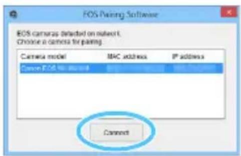 EOS Piping Software EOS cameras detected on network. Choose a camera for paling. Camera model BMC address IP address Canon EOS No. 1000000 Connect
