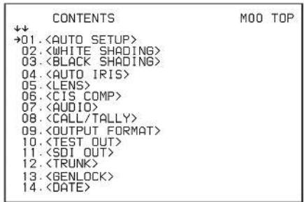 CONTENTS M00 TOP ↓↓ →01.〈AUTO SETUP〉 02.〈WHITE SHADING〉 03.〈BLACK SHADING〉 04.〈AUTO IRIS〉 05.〈LENS〉 06.〈CIS COMP〉 07.〈AUDIO〉 08.〈CALL/TALLY〉 09.〈OUTPUT FORMAT〉 10.〈TEST OUT〉 11.〈SDI OUT〉 12.〈TRUNK〉 13.〈GENLOCK〉 14.〈DATE〉