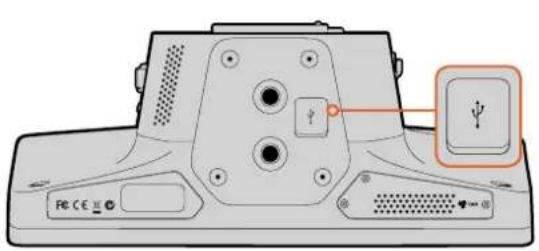Diagram of a device rear panel with labeled ports and a highlighted USB symbol pointing to the right button.