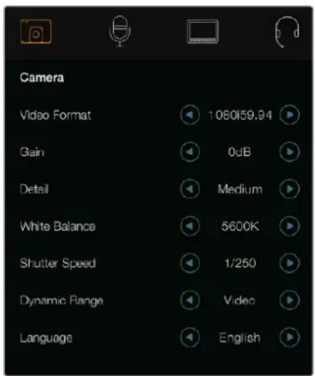 Camera Video Format 1080159.94 Gain 0dB Detail Medium White Balance 5600K Shutter Speed 1/250 Dynamic Range Video Language English