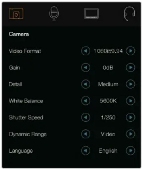 Camera Video Format 1080i59.94 Gain 0dB Detail Medium White Balance 5600K Shutter Speed 1/250 Dynamic Range Video Language English