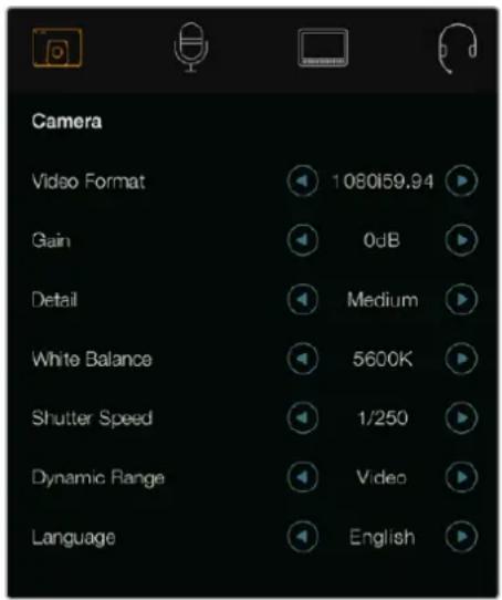 Camera Video Format 1080159.94 Gain 0dB Detail Medium White Balance 5600K Shutter Speed 1/250 Dynamic Range Video Language English