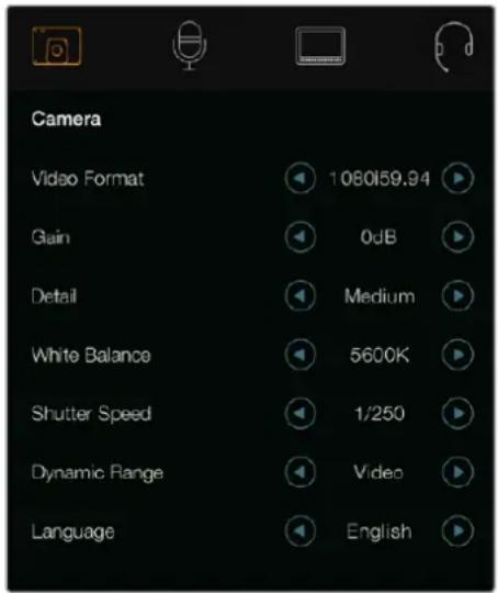 Camera Video Format 1080159.94 Gain 0dB Detail Medium White Balance 5600K Shutter Speed 1/250 Dynamic Range Video Language English