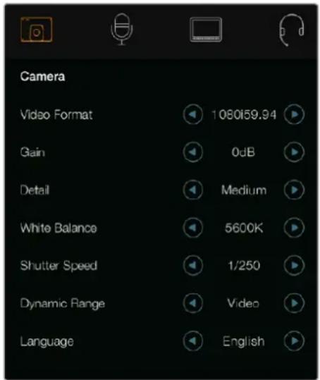 Camera Video Format 1080159.94 Gain 0dB Detail Medium White Balance 5600K Shutter Speed 1/250 Dynamic Range Video Language English