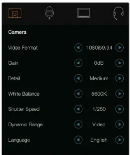 Camera Video Format 1080159.94 Gain 0dB Detail Medium White Balance 5600K Shutter Speed 1/250 Dynamic Range Video Language English