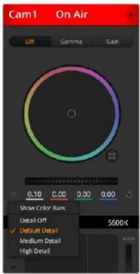 Cam1 On Air Lift Gamma Gain 0.10 0.00 0.00 0.00 Show Color Bars Detail Off ✓ Default Detail Medium Detail High Detail 5600K