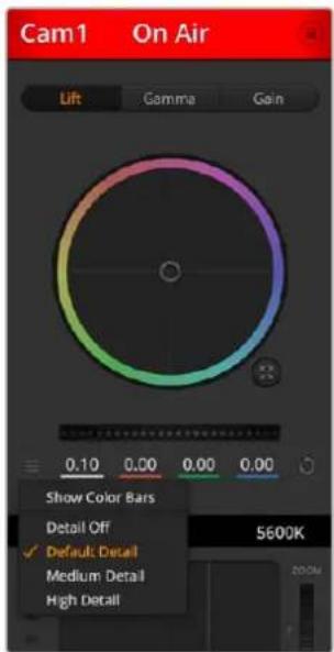 Cam1 On Air Lift Gamma Gain 0.10 0.00 0.00 0.00 Show Color Bars Detail Off ✓ Default: Detail Medium: Detail High: Detail 5600K