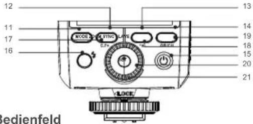 12 13 11 14 17 19 16 NODE ZUIN SYNC LATE C.Pe RELUX 18 15 20 21 VLOCK Bedienfeld