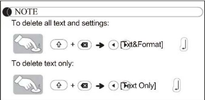 NOTE To delete all text and settings: ↑ + → [Text&Format] To delete text only: ↑ + → [Text Only]