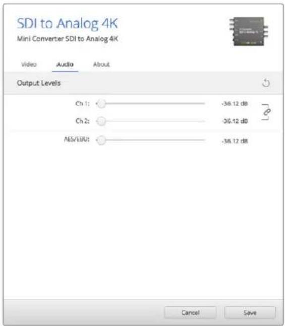 SDI to Analog 4K Mini Converter SDI to Analog 4K Video Audio About Output Levels Ch 1: -36.12 dB Ch 2: -36.12 dB AES/EBU: -36.12 dB Cancel Save