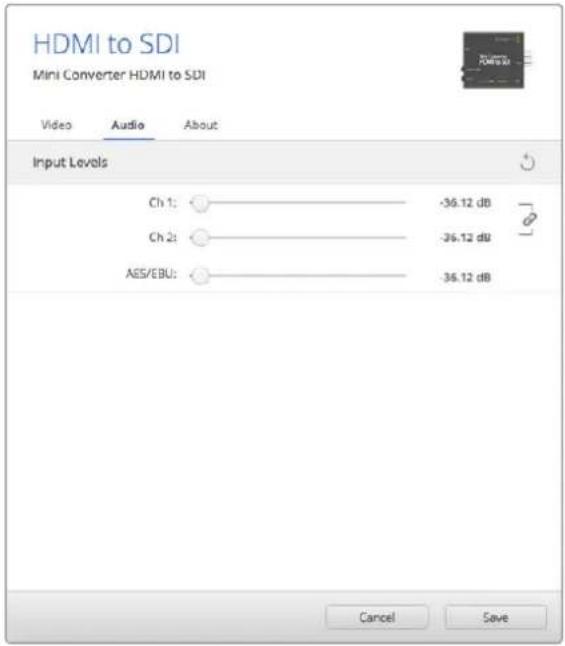 HDMI to SDI Mini Converter HDMI to SDI Video Audio About Input Levels Ch 1: ○─┐ │ └─┐ │ Ch 2: ○─┐ │ └─┘ │ AES/EBU: ○─┐ │ └─┐ │ └─┘ │ Cancel Save