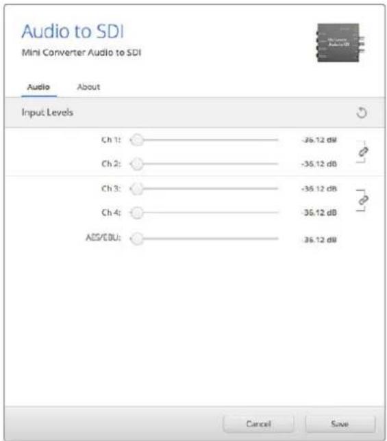 Audio to SDI Mini Converter Audio to SDI Audio About Input Levels Ch 1: ○ -35.12 dB Ch 2: ○ -35.12 dB Ch 3: ○ -35.12 dB Ch 4: ○ 35.12 dB AES/CDU: ○ 35.12 dB Cancel Save