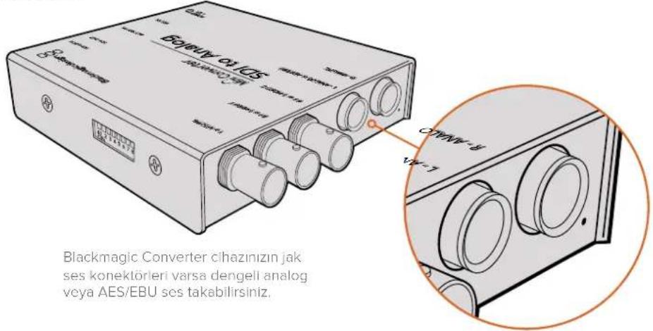 Blackmagic Converter cihazinizin jak ses konektörleri varsa dengeli analog veya AES/EBU ses takabilirsiniz. L - M - A B - M - C