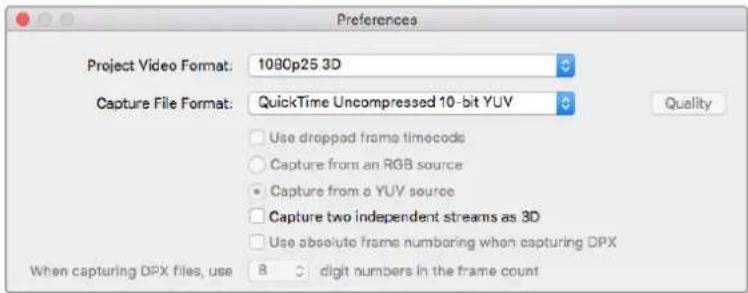Preferences Project Video Format: 1080p25 3D Capture File Format: QuickTime Uncompressed 10-bit YUV Quality Use dropped frame timecode Capture from an RGB source Capture from a YUV source Capture two independent streams as 3D Use absolute frame numbering when capturing DPX When capturing DPX files, use 8 digit numbers in the frame count