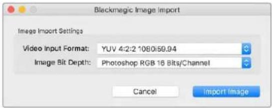 Blackmagic Image Import Image Import Settings Video Input Format: YUV 4:2:2 1080i59.94 Image Bit Depth: Photoshop RGB 16 Bits/Channel Cancel Import Image