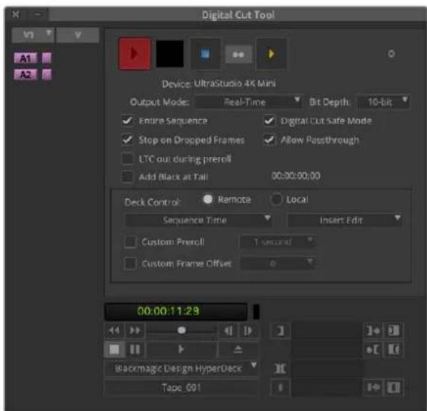 Digital Cut Tool Device: UltraStudio 4K Mini Output Mode: Real-Time Bit Depth 10-bit Entire Sequence Digital Cut Safe Mode Stop on Dropped Frames Allow Passthrough LTC out during preroll Add Black at Tall 00:00:00:00 Deck Control: Remote Local Sequence Time Insert Edit Custom Prenoll 1 second Custom Frame Offset 0 00:00:11:29 Blackmagic Design HyperDeck Tape_001