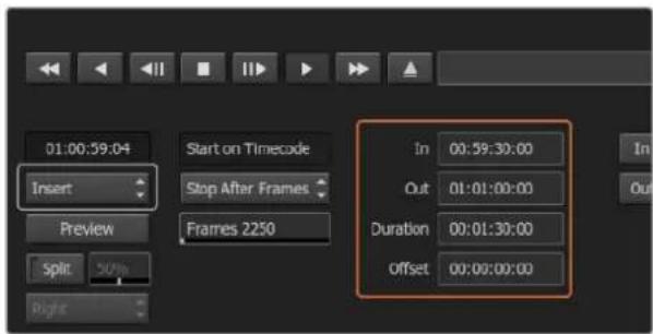 01:00:39:04 Insert Start on Timecode Stop After Frames Preview Frames 2250 Split 20% Right In 00:59:30:00 Out 01:01:00:00 Duration 00:01:30:00 Offset 00:00:00:00