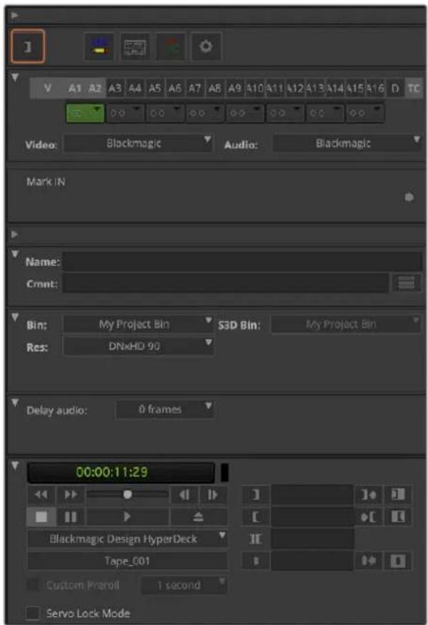 I V A1 A2 A3 A4 A5 A6 A7 A8 A9 410 411 412 413 414 415 416 D TC Video: Blackmagic Audio: Blackmagic Mark IN Name: Cmnt: Bin: My Project Bin S3D Bin: My Project Bin Res: DNxHD 90 Delay audio: 0 frames 00:00:1 1:29 Blackmagic Design HyperDeck Tape_001 Custom Preroll 1 second Servo Lock Mode