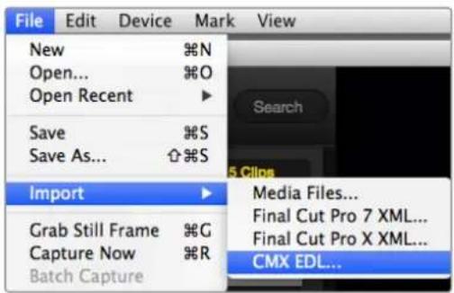File Edit Device Mark View New %N Open... %O Open Recent ▶ Save %S Save As... ⬇%S Import ▶ Grab Still Frame %G Capture Now %R Batch Capture Search 5 Clips Media Files... Final Cut Pro 7 XML... Final Cut Pro X XML... CMX EDL...