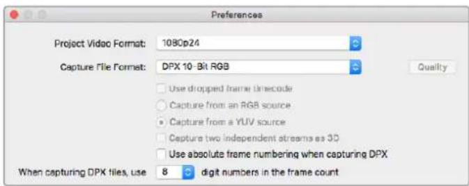 Preferences Project Video Format: 1080p24 Capture File Format: DPX 10-Bit RGB Quality Use dropped frame Unecode Capture from an RGB source Capture from a YUV source Capture two independent streams as 3D Use absolute frame numbering when capturing DPX When capturing DPX files, use 8 digit numbers in the frame count