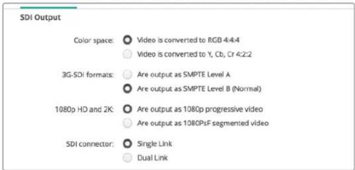 SDI Output Color space: ○ Video is converted to RGB 4:4:4 ○ Video is converted to Y, Cb, Cr 4:2:2 3G-SDI formats: ○ Are output as SMPTE Level A ○ Are output as SMPTE Level B (Normal) 1080p HD and 2K: ○ Are output as 1080p progressive video ○ Are output as 1080PsF segmented video SDI connector: ○ Single Link ○ Dual Link