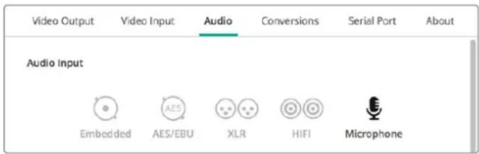 Video Output Video Input Audio Conversions Serial Port About Audio Input Embedded AES/EBU XLR HIFI Microphone