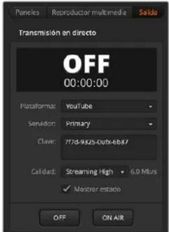 Paneles Reproductor multimedia Saldo Transmisión en directo OFF 00:00:00 Plataforma: YouTube Servidor: Primary Clave: 7f7d-9325-0utx-6b87 Calidad: Streaming High 6.0 Mb/s ✓ Mostrer estado OFF ON AIR