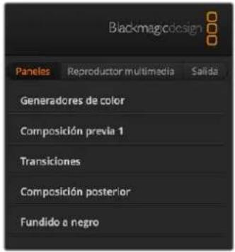 Blackmagicdesign Paneles Reproductor multimedia Salida Generadores de color Composición previa 1 Transiciones Composición posterior Fundido a negro