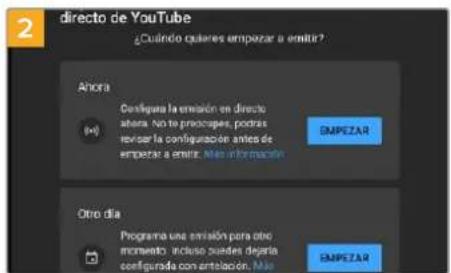 2 directo de YouTube ¿Cuindío quieres empezar a emitir? Anora (a) Configura la emisión en directo ahora. No te prescrapes, podrás revisar la configuración antes de empezar a emitir. Más información EMPEZAR Otro día Programa una emisión para otro momento incluso puedes degirla configurada con entitación. Más EMPEZAR