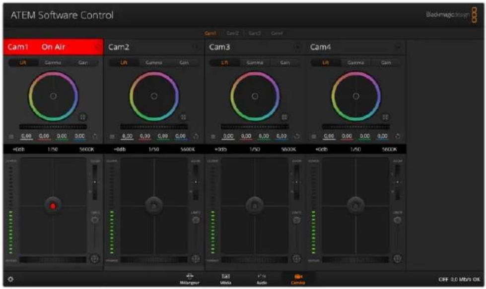 ATEM Software Control Blackmagic.com Cam1 On Air Cam2 Cam3 Cam4 Lift Gamma Gain Lift Gamma Gain Lift Gamma Gain 0.00 0.00 0.00 0.00 0.00 0.00 0.00 0.00 0.00 0.00 +0db 1/50 5600K +0db 1/50 5600K +0db 1/50 5600K +0db 1/50 5600K N/Angar Eql R'4 MHz Audio Camla OFF 0.0 Mb/s OK