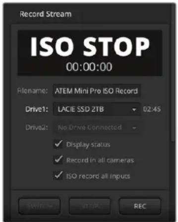 Record Stream ISO STOP 00:00:00 Filename: ATEM Mini Pro ISO Record Drive1: LACIE SSD 2TB 02:45 Drive2: No Drive Connected ✓ Display status ✓ Record in all cameras ✓ ISO record all Inputs SWIFT 30 STORM REC