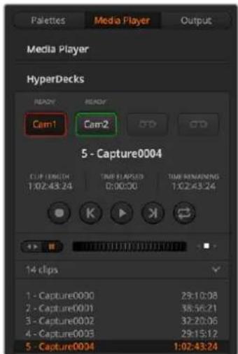 Palettes Media Player Output Media Player HyperDecks READY READY Cam1 Cam2 5 - Capture0004 CUP LENGTH TIME FLAPSTO TIME REMAINING 1:02:43:24 0:00:00 1:02:43:24 14 clips 1 - Capture0000 29:10:08 2 - Capture0001 38:56:21 3 - Capture0002 32:20:06 4 - Capture0003 29:15:12 5 - Capture0004 1:02:43:24