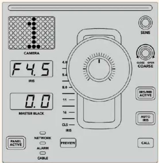 CAMERA F 4.5 IRIS 0.0 MASTER BLACK PANEL ACTIVE NETWORK ALARM CABLE PREVIEW 4.0 5.6 8.0 11 16 CLS IRIS SENS CLOSE OPEN COARSE IRIS/MBI ACTIVE AUTO IRIS CALL