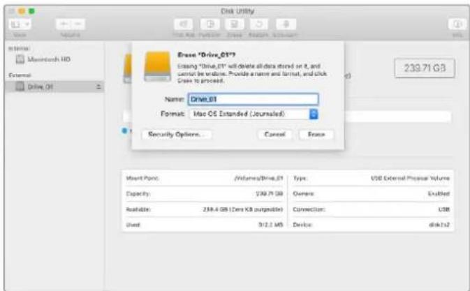 Disk Utility Internal: Monitech HD External: Drive_O1 Erase *Drive_01* Editing *Drive_01* will delete all data stored on it, and cannot be wireless. Provide a name and format, and click Crase to proceed. Name: DMMLO1 Format: Mac OS Extended (Journals) Security Options... Cancel Excess Mount Point: /Volume/Drive_O1 Type: USB External Physical Volume Capacity: 238.71 GB Current: Enabled Available: 238.4 GB (Data KB pg/mL) Connection: USB Used: 3/2.2 MB Device: disk1x2 239.71 GB