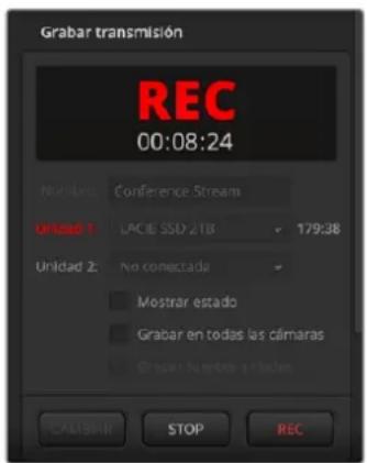 Grabar transmisión REC 00:08:24 Modules: Conference Stream Unidad 1: LACIE SSD 2TB 179:38 Unidad 2: No conectada Mostrar estado Grabar en todas las cármaras Grupar fúndes a átulas CAJUBAN STOP REC
