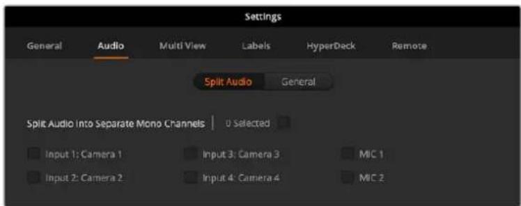 Settings General Audio Multi View Labels HyperDeck Remote Split Audio General Split Audio Into Separate Mono Channels | 0 Selected Input 1: Camera 1 Input 3: Camera 3 MIC 1 Input 2: Camera 2 Input 4: Camera 4 MIC 2