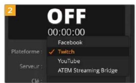OFF 00:00:00 Facebook Plateforme : ✓ Twitch Serveur : YouTube Clé : ATEM Streaming Bridge