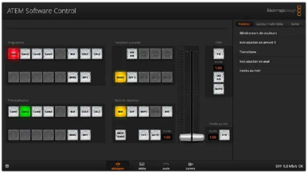 ATEM Software Control Black magic design Programme Cam1 Cam2 Cam3 Cam4 BLK COL1 COL2 Transition suivants ON AIR ON AIR ON AIR TIE Uvrue 1:00 ON AIR AUTO Prévisionnal pour Cam1 Cam2 Cam3 Cam4 BLK COL1 COL2 Styre de l'orientation MX DIP WIP1 BWP0 BVI PREY TRANS CUT AUTO Continue Fonds au noir Durite PTB Off 0,0 Mb/s OK Mitarper Media Audio Camera