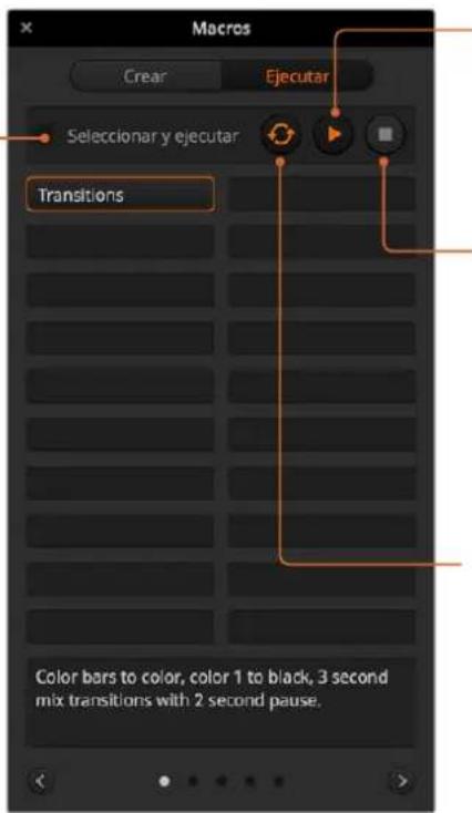 Macros Crear Ejecutar Seleccionar y ejecutar Transitions Color bars to color, color 1 to black, 3 second mix transitions with 2 second pause.