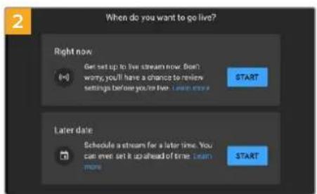 When do you want to go live? Right now Get set up to live stream now. Don't worry, you'll have a chance to review settings Before you're Live - FREE WORK START Later date Schedule a stream for a later time. You can ever set it up ahead of time. Learn more START