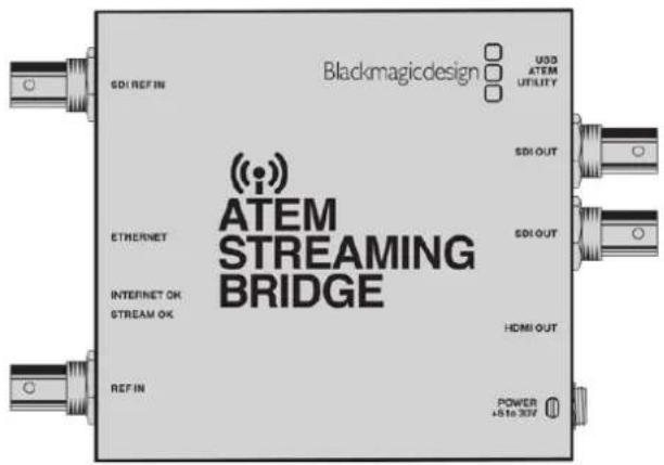 SOI REF IN Blackmagicdesign USD ATEM UTILITY (●) ATEM STREAMING BRIDGE ETHERNET SOI OUT INTERNET OK STREAM OK HDMI OUT REF IN POWER +5 to 30V