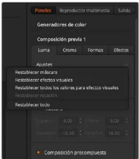 Paneles Reproductor multimedia Salida Generadores de color Composición previa 1 Luma Croma Formas Efectos Ajustes Restablecer máscara Restablecer efectos visuales Restablecer todos los valores para efectos visuales Restablecer rotación Restablecer todo Superior 9.00 Inferior -9.00 Liquididad -16.00 Deraphac 16.00 • Composición precompuesta