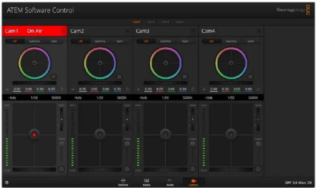 ATEM Software Control Blackmagic design Cam1 On Air Cam2 Cam3 Cam4 Lift Gamma Gain Lift Gamma Gain 0.00 0.00 0.00 0.00 +0db 1/50 5600K +0db 1/50 5600K +0db 1/50 5600K +0db 1/50 5600K OFF 0.0 Mbps OK Switcher Media Audio Camera