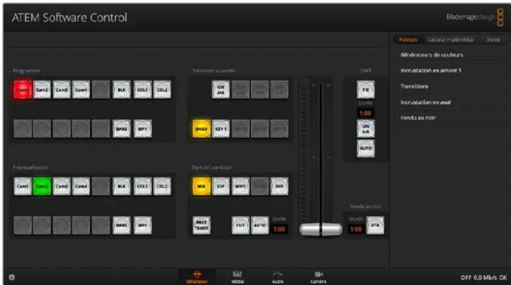ATEM Software Control Programme Cam1 Cam2 Cam3 Cam4 BLK COL1 COL2 Transitions suivants ON AIR ON AIR ON AIR BKS0 KEY 1 SET B OUT B BUY B Fondu au noir Préoultation Cam1 Cam2 Cam3 Cam4 BLK COL1 COL2 Stays de transition MX DIP WIFI BINS DVE PREY TRANS OUT AUTO Dunter 1:00 Fondu au noir Dune 1:00 STB Mampour Media Audio Camera Black magic design Falettes Lecteur multimédie Sorte Générateurs de couleurs Incustation en amont 1 Transitions Incustation en oval Fondu au noir OFF 0,0 Mb/s OK